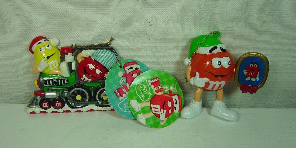 2 KURT ADLER M&M ORNAMENTS-BROWN ONE & YELLOW & RED ONES ON A TRAIN ENGINE-2009